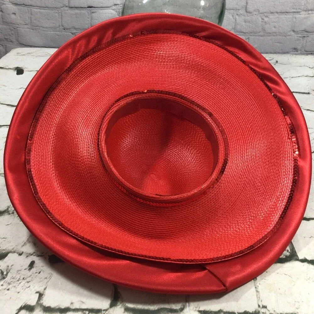 Vintage Mr. Hi’s Hat Red Kentucky‎ Derby Satin Jeweled Rose Showstopper Church